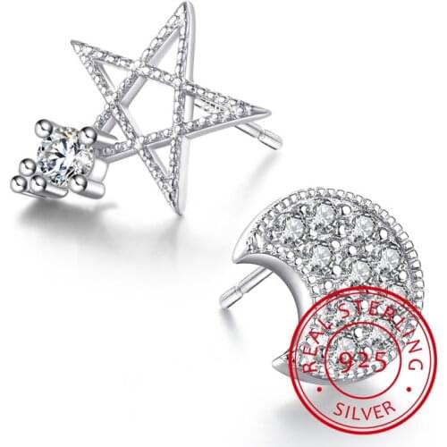 925 Sterling Silver Zirconia Asymmetric Moon Star Stud Earrings pendientes oorbellen boucle d'oreille femmes Gift S-E344