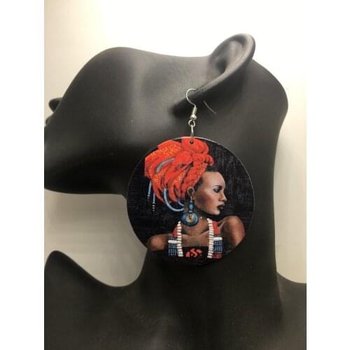 Printing african Woman Wooden Earrings