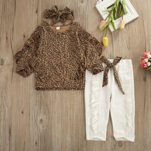 Toddler Kid Baby Girl Fall Autumn Clothes Ruffle Leopard Tops Leggings White Pants Outfit Set Tracksuit 3Pcs set