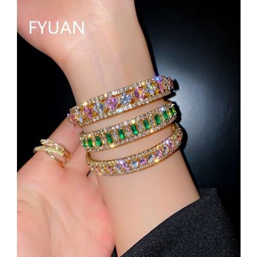FYUAN Geometric Zircon Bracelet & Bangles For Women Pink Green Cuff Bracelets Weddings Party Jewelry