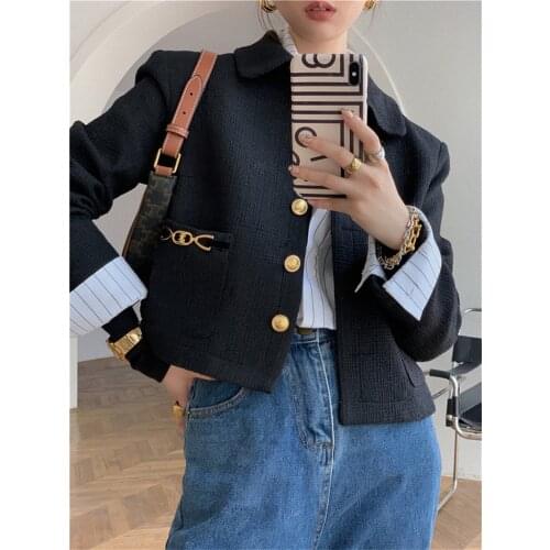 Autumn Winter Women Slim Tweed Jacket Black White Short Jackets Female Fashion Single Breast Wool Coat Elegant Vintage Outwear