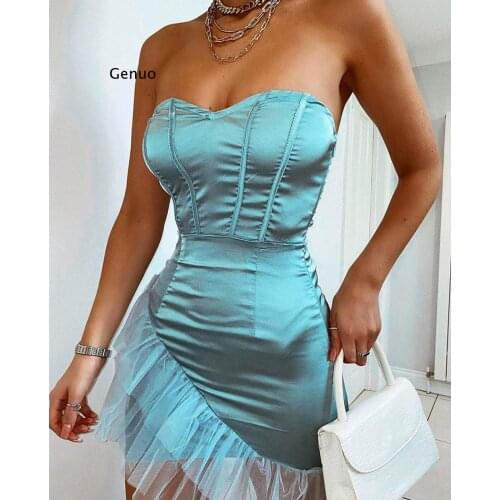 Summer Dress Women Off Shoulder Bodycon Dresses Slim Stretch Zipper Mesh Patchwork Club Satin Dress Vestidos