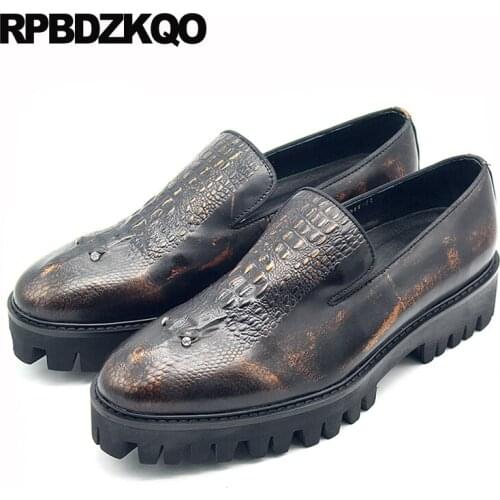 Cow Skin Brush Platform Luxury Crocodile Gold Loafers Men New Rhinestone Alligator Plus Size Real Leather Creepers Summer Shoes