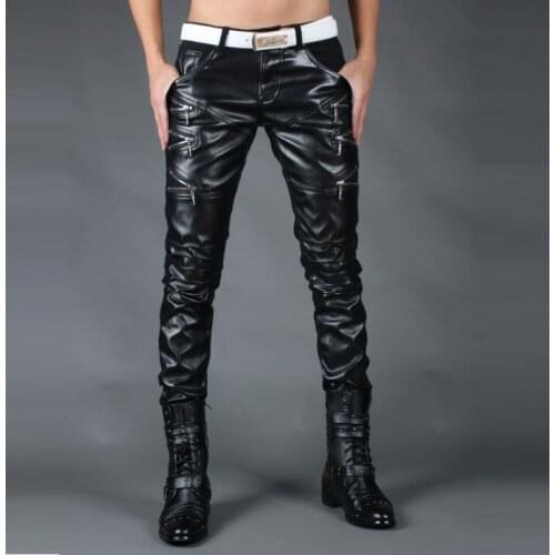 Autumn winter personality fashion motorcycle faux leather tight pants mens feet pants pu trousers for men pantalon homme black