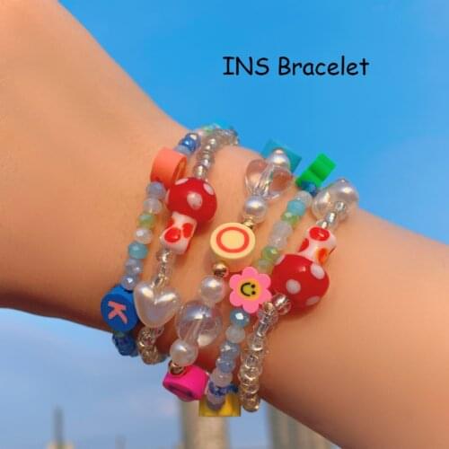 New INS Rainbow Beads Heart Letter Mushroom Smiley Bracelet 90s Aesthetic Vintage Charms Bracelet Fashion Jewelry Friends Gifts