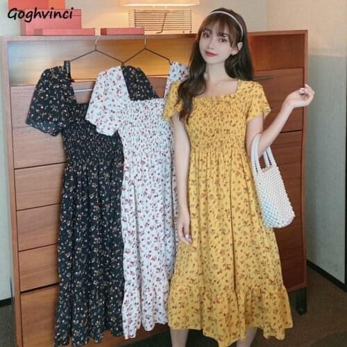 Short Sleeve Dress Women Chiffon Floral Knee-length High Waist Pleated Square Collar Chic Retro Girls Elegant Stylish Simple New