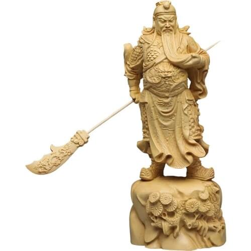 Solid wood carving Wu god Guan Yu statue，Chinese God of Wealth Guan Gong Home living room bedroom decoration ornaments 18.5cm