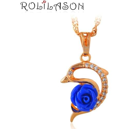 Rose dolphin Blue flower for miracle gold tone AAA Zirconia Crystal Fashion Jewelry Necklaces Pendants LN622
