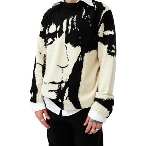 Couple Portrait Print Sweater Japanese Knitting Pullovers Round Neck Loose Casual Autumn Winter Knitted Pullover Sweater Tops