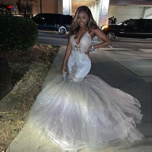 SoAyle Mermaid Evening Dresses Halter Sweetheart Crystals White Prom Gowns for Women Glitter Sexy Formal Gowns Vestidos De Festa