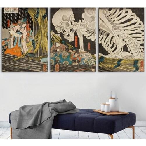 3 pairs Art-Japan Skeleton Canvas Painting Living Room Decorative Painting Wall Art Poster Picture Room Deco Free shipping