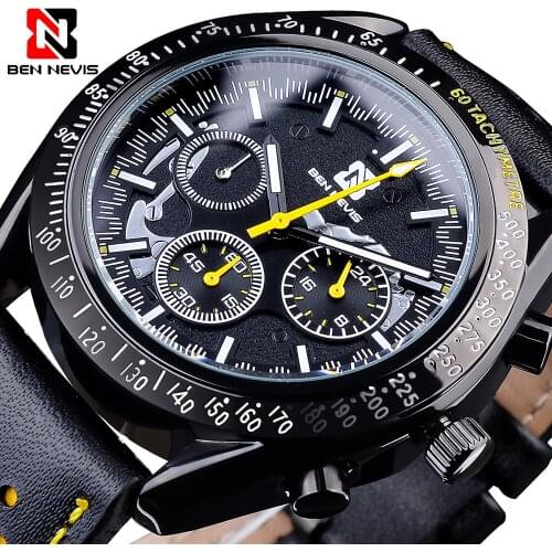 Sport Black Mens Quartz Watch 3 Sub Dial BEN NEVIS Fashion Leather Wristwatch Date Clock Male Watch Relojes Hombre