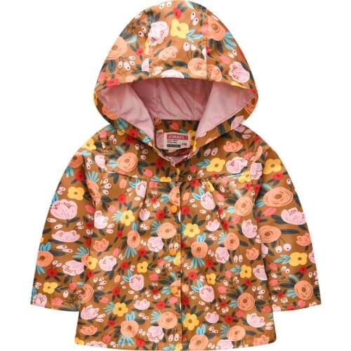 Spring Autumn Girls' Windproof Flower Jacket Boys Hooded Fashion Printed Single-Breasted Casual Coat Kids Waterproof Overcoats