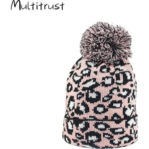 2020 Baby Winter Warm Knit Hat Faux Fur Ball Pom Pom Leopard Beanie Cap for Girls and Boys