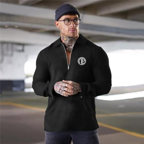 2021 Zipper Muscular Sport Polo Shirts With Solid-color Lapels, Round Bottoms Body-slimming Fitness Shirts And Long Sleeves