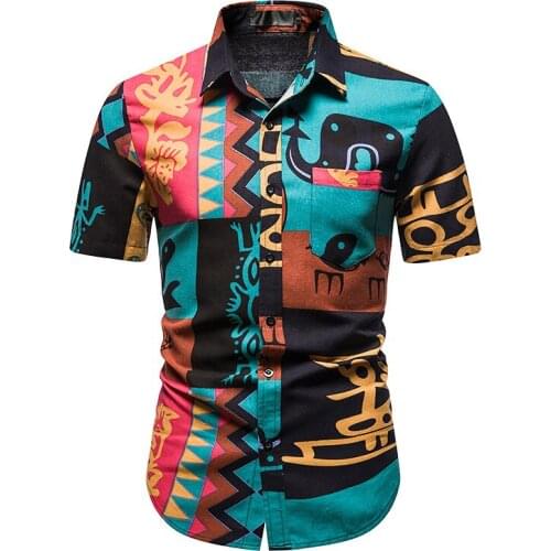 Ethnic Style Short Sleeve Turn-down Collar Patchwork Shirt Summer Beach Hawaiian Shirt Men Casual Totem Printed Shirt Blouse