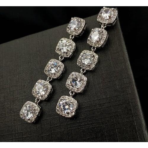 Delicate Geometry Style 5-Tiered Faceted Cut Clear CZ Long Halo Square Drop Earrings for Special Occasion Formal Affairs Party