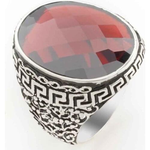 Red Zircon Stone With Maze Pattern Silver Men 'S Ring