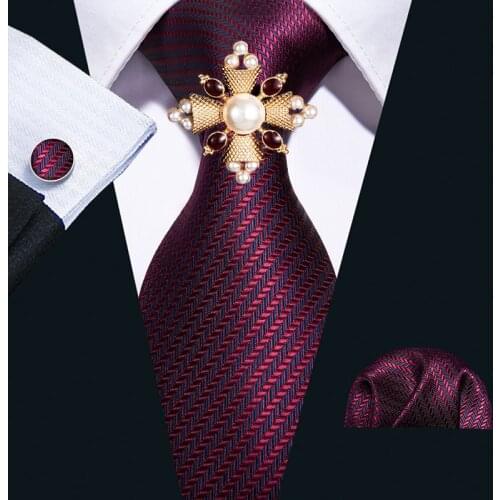 Red Silk Wedding Necktie Jacquard Woven Striped For Men Tie Handkerchief cufflink Brooch Set Barry.Wang Fashion Designer