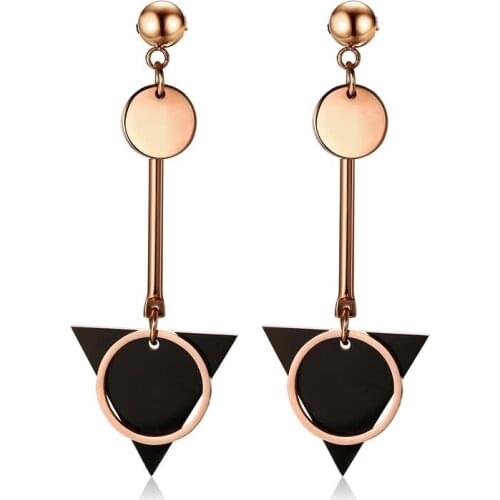 Creative Black Triangle Rose Gold-color Stainless Steel Geometric Long Earrings for Women Dangle Earring Woman Accessories Gift