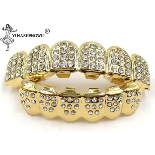 Mens Hip Hop Teeth Grillz Fang Top Bottom teeth Grillz Set Hollow Teeth Grillz Rapper Jewelry Gold Black Rose Color 2020 new
