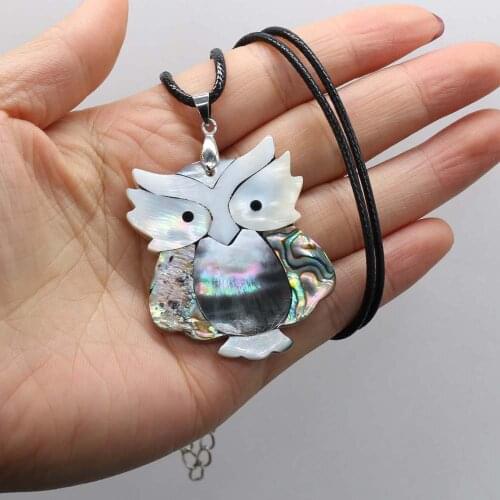 Natural Shell Owl Shape Mother of Pearl Shell Wax Thread Necklace Pendants Charms for Women Gift Size 40x50mm Length 55cm