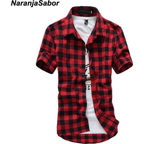 NaranjaSabor 2020 New Summer Fashion Chemise Homme Mens Checkered Shirts Short Sleeve Shirt Men Blouse Brand Clothing 3XL N511