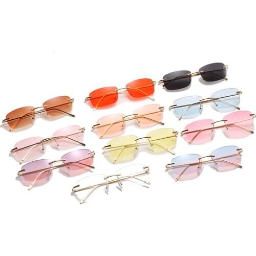New Fashion Small Rectangle Sunglasses Women Rimless Square Sun Glasses for Women 2021 Summer Style Female Uv400 Blue Pink