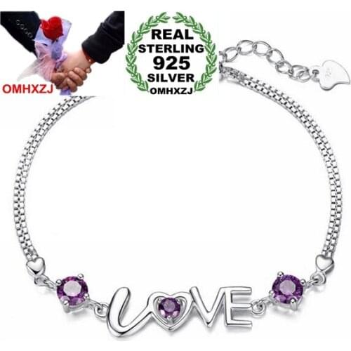 OMHXZJ Wholesale Fashion present High Quality AAA zircon Amethyst 925 Sterling Silver Romantic Love Women Bracelets Bangles SZ29