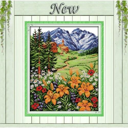 Snow Mountain in spring Scenery Home painting 11CT counted print on Canvas DMC 14CT Cross Stitch Embroidery kits Needlework Sets