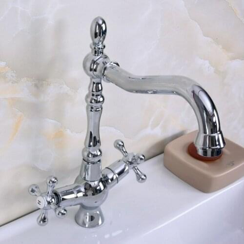 Polished Chrome Brass Two Cross Handles One Hole Bathroom Basin Kitchen Sink Swivel Spout Faucet Mixer Tap mnf920