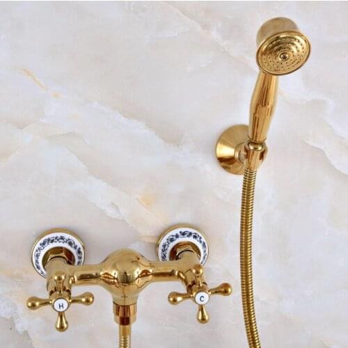 Luxury Polished Gold Color Brass Bathroom Hand Held Shower Head Faucet Set Mixer Tap Dual Cross Handles mna972