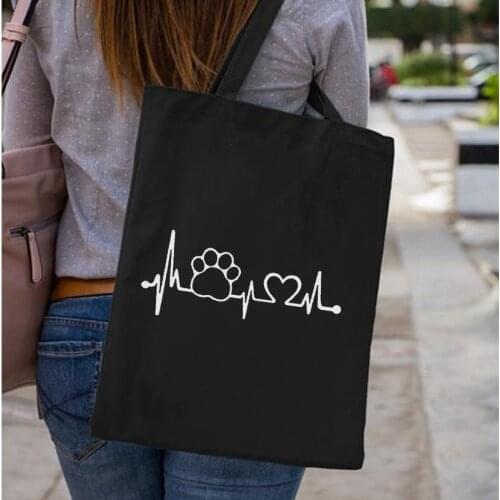 Love Pattern Women Shopping Tote Bags Fashion Black Canvas Bag Female Handbag Shoulder Eco Reusable Harajuku Travel Bag Book Bag