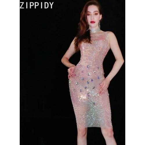 Sexy Mesh AB Rhinestones Dress See Through Birthday Celebrate 2 Styles Outfit Prom Party Female Singer Show Dress
