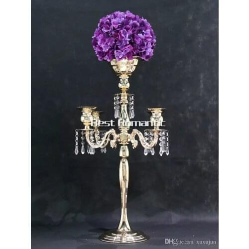 Silver Height 76cm gold 5 Heads Crystal Candelabra, Candle Holder, wedding Centerpiece, flower bowl holder with pendants