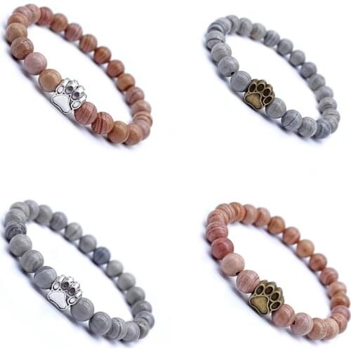 Gray and Red Striped Natural Stones Mala Beads Bear Cat Dog Paw Footprint Charm Bracelet Chakra For Pet Lover Animal Jewelry