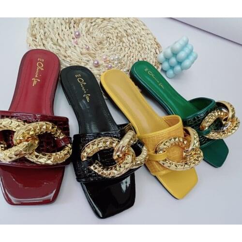 Slippers Women Flip Flop Summer Shoes 2021 New Beach Square Toe Slides Female Casual Flat Outside Metal Decoration Flip-Flops