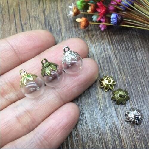 20sets 10mm glass globe/balls with hole empty handmade charm glass vials bottles necklace pendants simple 7 petal metal cap