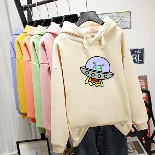 Alien Spaceship Cartoon Print Warm Kpop Sweatshirt Streetwear Kawaii Pullover Fleece Cute Harajuku Oversize Hoodies Women