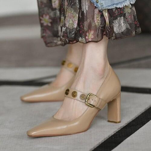 Retro Shallow Mouth Thick Heel Shoes Women 2021 New Design Sense Square Toe High Heelsl Mary Jane Female Party Wedding Pumps