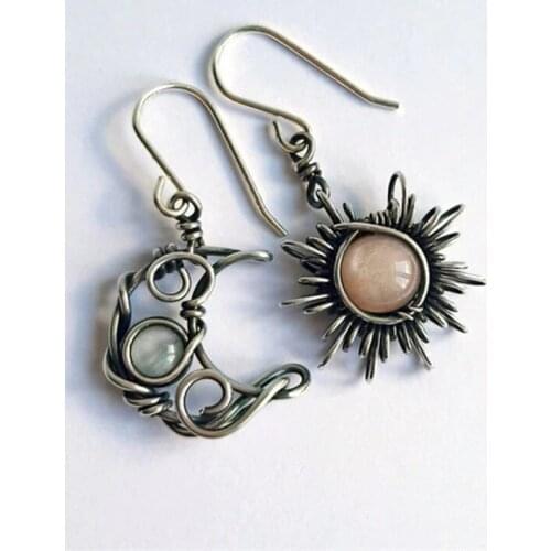Bohemia Sun and Moon Asymmetry Earrings Silver Color Crystal Dangle Earrings Women Female Moonstone Fashion Party Jewelry Gift