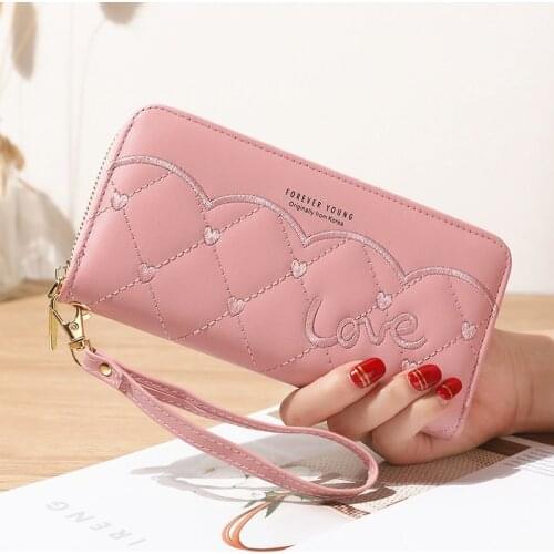 Ladies' Long Wallets Fashionable Mobile Phone Bags Embroidered Thread Love Multi-card Position PU Purse