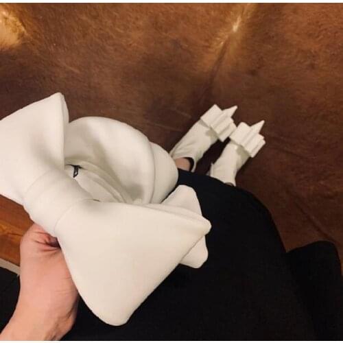 White Genuine Leather Sweet Big Bow Ties Butterfly Knot Low Stiletto Heels Zipper Ankle Short Boots Woman Party Wedding Shoes