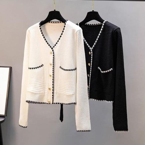 Zoki Women Cardigan Sweater Autumn Fashion V Neck Button Up Knitted Thin Jacket Korean Long Sleeve Casual Black White Coat 2021