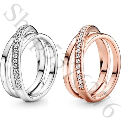 Authentic 925 Sterling Silver Crossover Pavé Triple Band Fashion Ring For Pandora Women Bead Charm Gift DIY Jewelry