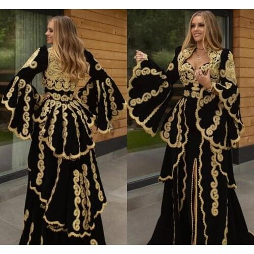 Traditional Kosovo vestidos formales Arabic Velvet Evening Dresses Flared Sleeves Applique Split Prom Dress robe de soirée