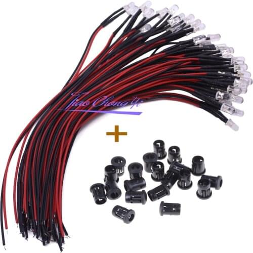 10-100pcs 3mm/5mm Red/Green/Blue/RGB white UV DC12V Round Pre-Wired Water Clear LED With Plastic Holder