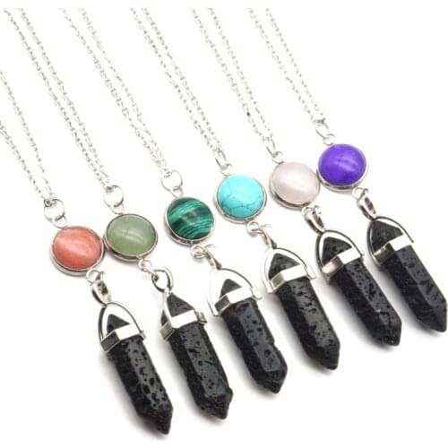 14 Natural Stone Hexagonal Prism Black Lava Stone Aromatherapy Essential Oil Perfume Diffuser Necklace Jewelry Stainless Chain
