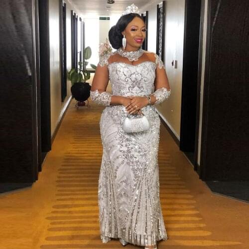 Aso Ebi Plus Size Wedding Dresses Sheer Neck Appliques Major Beadings Sequins Long Sleeves Arabic Mermaid Wedding Bridal Gowns