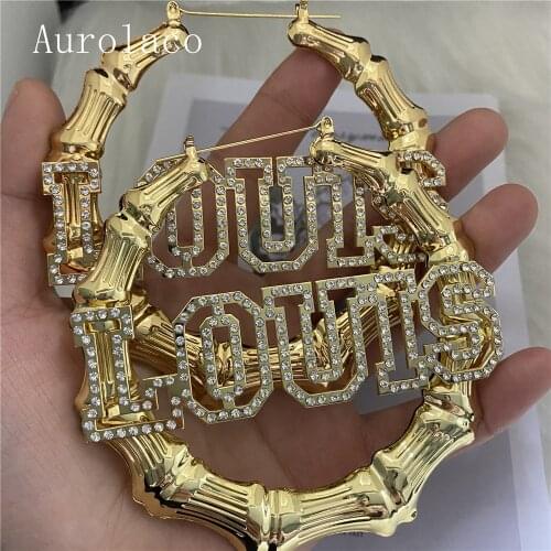AurolaCo Custom Name Earrings with Diamonds Hiphop Sexy Bamboo Bling Bling Earrings Stainless Steel Jewelry Holiday Gift